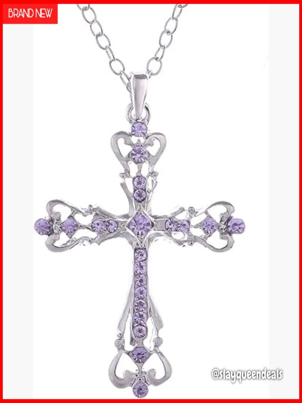 Holy Cross Pendant Necklace with Rhinestones - 18in Rolo Chain